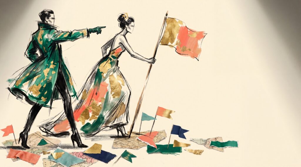 Ink and gold-leaf illustration of two figures striding forward to plant a flag, with smaller claimed flags and torn map fragments scattered behind them