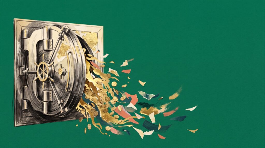Illustration of an open bank vault on a green background, with gold coins and torn paper fragments spilling out and scattering away