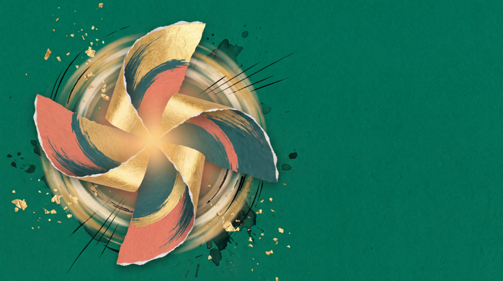 Abstract three-bladed flywheel illustration in gold, coral, and teal, representing Rainmaker's three-layer growth flywheel for AI visibility and paid media.