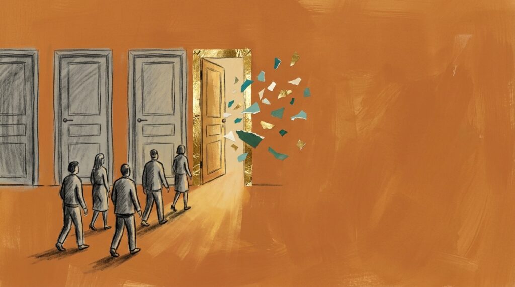 Illustration of people walking past closed grey doors toward a single open gold-lit doorway on an orange background