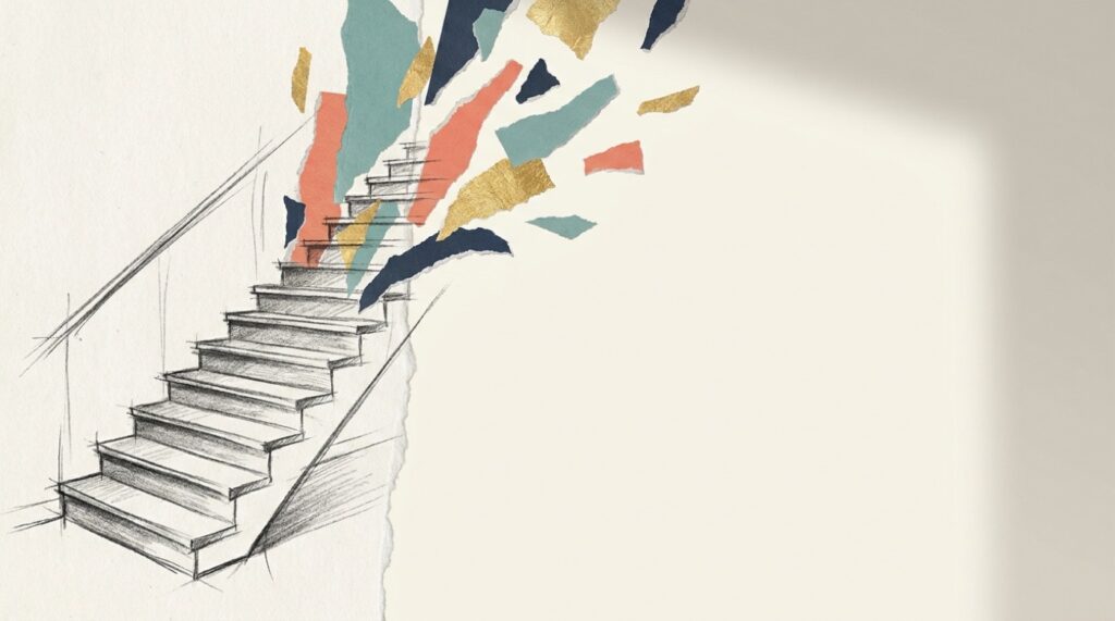 Pencil sketch of a staircase climbing upward on cream paper, its top steps breaking apart into torn coloured paper and gold-leaf fragments