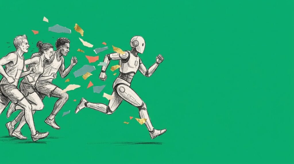 Sketch of three human runners on a green background being overtaken by a robot runner, with torn paper and gold-leaf fragments trailing between them