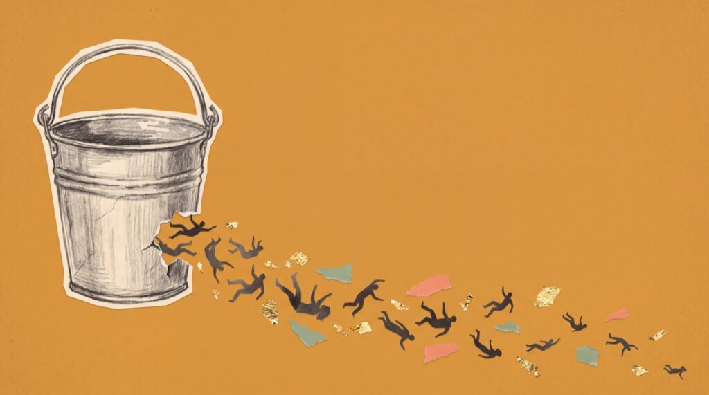 Sketch of a metal bucket on an amber background with a hole torn in its side, tiny paper figures and gold-leaf flakes spilling out and scattering away