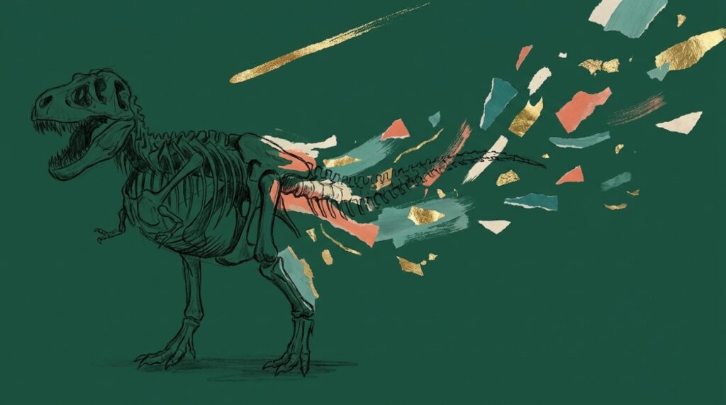 Sketch of a dinosaur skeleton on a dark green background, its tail dissolving into torn paper fragments as a gold comet streaks overhead