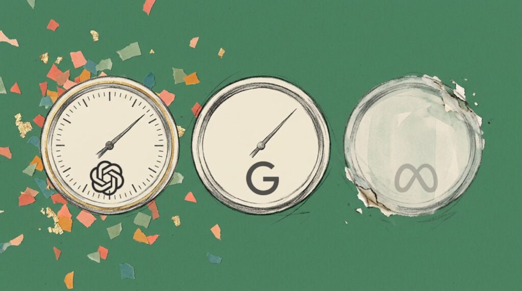 Three sketched instrument dials: a calibrated ChatGPT gauge, a Google gauge whose needle sits on a blank face, and a faded ghost dial marked Meta.