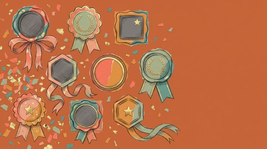Nine hand-drawn wax-seal and rosette medallions scattered on an orange background, representing nine paid media agencies compared by fit