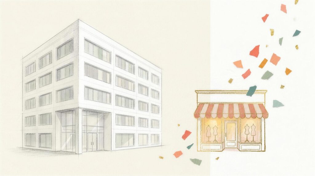 A large corporate office building beside a small specialty boutique storefront, illustrating full-service scale versus boutique focus.